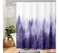 ORTIGIA Purple Misty Forest Shower Curtain for Bathroom, Nature Woodland Shower Curtain Set with Hooks, Decorative Pine Tree Fog Magic Bath Curtain for Home, Waterproof Fabric, Weighted, 72x72