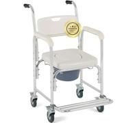 OrtoPrime Shower Chair with Wheels and Folding Footrests - 3 in 1 Commode Toilet Chair with Removable Pan - Portable Shower Seat for Elderly and Disabled - Bathroom Aid Chair