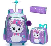 Oruiji Backpack with Wheels for Girls Rolling Backpack for Kids 8-12 Rolling Backpack for School Girls, Purple Space Cat
