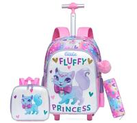 Oruiji Backpack with Wheels for Girls Rolling Backpack for Kids 8-12 Rolling Backpack for School Girls, Purple Laser Cat