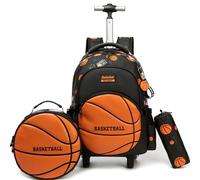 Oruiji Rolling Backpack for Girls Backpack with Wheels Bowknot Wheeled Backpack and Lunch Bag Set for Elementary Girls, Orange Basketball