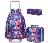 Oruiji Rolling Backpack for Girls Backpack with Wheels Sequin Wheeled Backpack with Lunch Bag and Pencil Case, Purple Dark Cat
