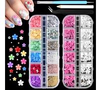 Oruola 2 Boxes Flower Nail Charms,3D Flower for Nails,Multicolor 3D Nail Rhinestones 3 Colors Pearls Nail Art Decorations with Pickup & Dotting Tools for Nail Art DIY,Nail Salon Jewel Accessories