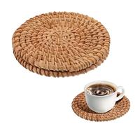 Oruola 2pcs Woven Rattan Placemats,10cm Diameter Handmade Woven Coasters,Natural Rattan Placemats for Drinks,Tea Cups,Decorative Jute Placemats for Kitchen Table