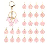 oruola Flower Keyring,Initial Keychain for Girls with 26 pcs A to Z Round Shaped Double Sided Alphabet Charms,Flower Keychain Cute Pink Keyring with Lobster Clasp for Backpack Handbag