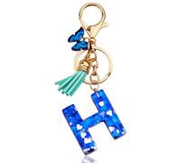 ORUZA Alphabet Initial Keychain, Blue Letter Keyring With Butterfly Tassel Pendant Resin Key Ring for Women Wallet Purses (H)