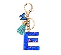 ORUZA Alphabet Initial Letter Keychain, Blue Initial Letter Keyring with Butterfly Tassel Pendant Resin Letter Key Ring for Women Wallet Purses (E)