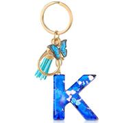 ORUZA Alphabet Initial Letter Keychain, Blue Initial with Butterfly Tassel Pendant Resin Key Ring for Women's Wallet & Purses (K)