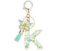 ORUZA Alphabet Initial Letter Keychain, Green Initial Letter Keyring with Butterfly Tassel Pendant Resin Alphabet Key Ring for Women Wallet (K)