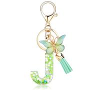 ORUZA Alphabet Initial Letter Keychain, Green Initial with Butterfly Tassel Pendant Resin Key Ring for Women Wallet Purses (J)
