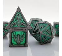 ORUZA DND Metal Dice Set, 7 PCS Polyhedral Dice Set D&D Metal Skull Craved Dice for Dungeons and Dragons RPG MTG Pathfinder Role Playing Tabletop Games (Black Nickel & Green)