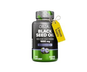 ORZAX 1000 mg Black Seed Oil Cold Pressed Capsules with 20mg Thymoquinone for Immune Support, Good Hair, Skin, and Joints 90 Soft Gel Capsules