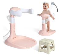 Orzbow 2-in-1 Foldable Baby Standing Shower Support with Bonus Seat, No Install, Safety & Stable Anti-Slip Base, 5-Height Adjust for 6-36 Months, Portable Baby Bath Seat for Play & Travel, Pink