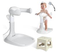 Orzbow 2-in-1 Foldable Baby Standing Shower Support with Bonus Seat, No Install, Safety & Stable Anti-Slip Base, 5-Height Adjust for 6-36 Months, Portable Baby Bath Seat for Play & Travel, Grey