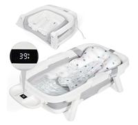 Orzbow Foldable Baby Bath Tub, Large Toddler Bath with Thermometer, Collapsible Baby Born Bath for Toddlers 0-6 Years with Soft Cushion, 3-in-1 Tray, Durable, Drain Hole, Ideal for Travel, Grey