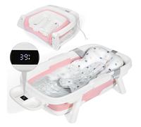 Orzbow Foldable Baby Bath Tub, Large Toddler Bath with Thermometer, Collapsible Baby Born Bath for Toddlers 0-6 Years with Soft Cushion, 3-in-1 Tray,