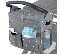 Orzbow Large Capacity Pram Bag, Waterproof Stoller Organiser with Cup Holder, Multifunctional Buggy Bag with Removable Divider, Universal, Adjustable Shoulder Strap & 2 Hooks, Grey
