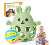 Orzbow Teething Toys for Baby, Multi-Purpose Teething Mitten with A Rattle, Silicone Bunny Baby Teether for Sucking Needs, Lightweight Baby Sensory Toys, Easy to Grip & Clean, Olive Green
