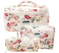 Orzeen Floral Quilted Makeup Bags for Women & Girls, Cute Makeup Bag Set, 3 Pcs Cotton Travel Cosmetic Bag & Toiletry Organizer, Stylish Quilted Design Makeup Bag for Everyday Use, Multicolor, Quilted