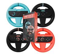 Orzly Racing Steering Wheels - Compatible with Switch 2 (2025 Console) - Party Pack of 4 Joy-Con Controller Attachments for Racing Games (2 Black, 1 Blue, 1 Red)