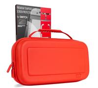 Orzly Screen Protector and Case Bundle Compatible with Nintendo Switch 1 - Premium Tempered Glass Screen Protector, Durable EVA Case with Organized Storage for Switch Accessories - Red