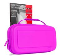 Orzly Screen Protector and Case Bundle Compatible with Nintendo Switch 1 - Premium Tempered Glass Screen Protector, Durable EVA Case with Organized Storage for Switch Accessories - Pink