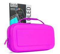 Orzly Screen Protector and Case Bundle Compatible with Nintendo Switch OLED - Premium Tempered Glass Screen Protector, Durable EVA Case with Organized Storage for Switch OLED Accessories - Pink