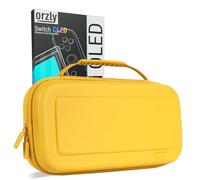 Orzly Screen Protector and Case Bundle Compatible with Nintendo Switch OLED - Premium Tempered Glass Screen Protector, Durable EVA Case with Organized Storage for Switch OLED Accessories - Yellow