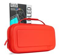 Orzly Screen Protector and Case Bundle Compatible with Nintendo Switch OLED - Premium Tempered Glass Screen Protector, Durable EVA Case with Organized Storage for Switch OLED Accessories - Red