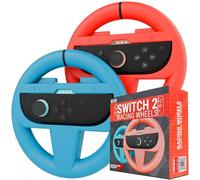 Orzly Steering Wheels Compatible with Switch 2 (2025 Console) - Twin Pack Racing Wheel Accessories for Joy Con Controllers and Kart Racing Titles (1 Red, 1 Blue)