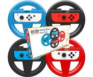 Orzly Steering Wheels for Nintendo Switch & OLED Console - Party Pack (4 Wheels), Steering Wheel Joycon Controller Attachments for Mariokart Switch (2x Black Wheels, 1 x Blue Wheel, 1 x Red Wheel)