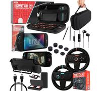 Orzly Switch 2 Accessories Bundle - Case & Screen Protector for Nintendo Switch 2 (2025) Console, Racing Wheels, Charge Cable, Game Holder, Comfort Grip Case, Headphones & More - Gift Box Edition