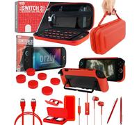 Orzly Switch 2 Red Accessories Bundle - Case & Screen Protector for Nintendo Switch 2 (2025) Console, Charge Cable, Game Holder, Comfort Grip Case, Headphones & More - Gift Box Edition