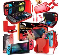 Orzly Switch Accessories Bundle - Carry Case for Nintendo Switch Console (NOT OLED MODEL) Tempered Glass Screen Protectors, USB Charging Cable, Switch Games Case, Comfort Grip Case & Headphones - RED