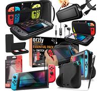 Orzly Switch Accessories Bundle Essentials Pack for Nintendo Switch OLED Case & Screen Protector , Grip Case, Games Holder, Headphones - Classic Black Edition