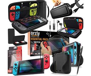 Orzly Switch Accessories Bundle Essentials Pack for Nintendo Switch OLED Case & Screen Protector , Grip Case, Games Holder, Headphones - Classic Black Edition