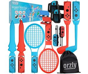 Orzly Switch Sports Games 2024 Accessories Bundle Pack for Nintendo Switch & Switch OLED with Tennis Rackets, Golf Clubs, Chambara Swords, Soccer Leg Straps & Joycon Grips - With Carry Bag