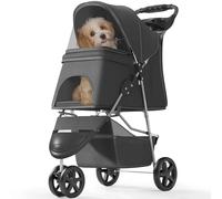 OS MOTOR Dog Stroller for Small/Medium Pets,Travel Folding Carrier 3 Wheels for Dog Cat Cage Jogger Stroller,Rear Wheel Breaks,Storage Basket,Visible Mesh with Weather Cover (Black, Model-1)