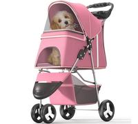 OS MOTOR Pet Stroller with 3 Wheels for Small/Medium Pets, Portable Travel Foldable Carrier Jogger for Dog Cat Puppy Kitty, Rear Wheel Breaks, Storage Basket, Visible Mesh with Weather Cover (Pink)