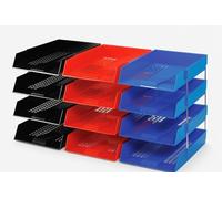 OS Smart Choice A4 Letter Trays, 4-Tier Stackable Document Organiser set, Plastic Desktop Filing System, Black/Red/Blue 12 Trays