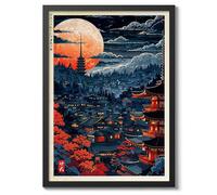 Osaka Blood Moon Anime Woodblock Poster Modern Ukiyo-E, Japanese Cartoon Illustration Print, Archival Matte, 50x70cm (Black Frame) - 50x70cm