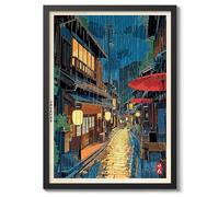 Osaka Tea House Anime Woodblock Poster Modern Ukiyo-E, Japanese Cartoon Illustration Print, Archival Matte, A4 (Black Frame) - 29.7x21cm