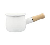 OSALADI 10Cm Enamel Steaming Pot with Comfortable Wooden Handle, White Mini Milk Pan for Food, Sauce Cooking, and Jam Preparation