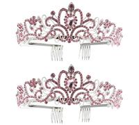 OSALADI 2pcs Bridal Crown Headdress Set with Silver Pink Rhinestones and Combs, Elegant Wedding Tiara for Bride and Woman, Sparkling Crystal Princess Hair Accessory for Special Occasions