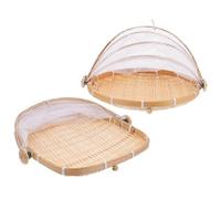 OSALADI 2pcs Natural Bamboo Fruit and Vegetable Baskets with Mosquito-resistant Mesh Cover, Small round 30x18cm and 28cm Handmade Storage Dustpans for Food Drying and Kitchen Use