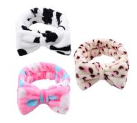 OSALADI 3pcs Bowknot Spa Facial Headband Set with Plush Flannel, Elastic Makeup and Shower Hair Bands for Women, Includes Pink Rabbit, White Cow, and Pink Leopard Patterns