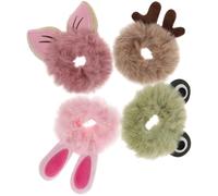 OSALADI 4pcs Cartoon Fluffy Hair Scrunchies Set for Elastic Plush Hair Ties Khaki Deer Antlers Pink Bunny Ears Dark Pink Cat Ears Green Frog Design Soft Ponytail Holders for Daily Styling