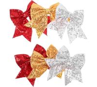 OSALADI 6 Pcs Sequin Cheer Bow Clips with Large Glitter Butterfly Knot and Streamer Tails, Yellow Silver Red Hair Accessories for College Cheerleading and Party Hairstyles
