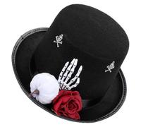 OSALADI Black with Red Rose and Decorative Skeleton Hand Gothic Top Hat Felt High Victorian Style Headpiece for Halloween Costume Party and Day the Dead Cosplay Use