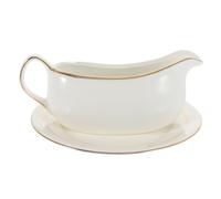 OSALADI Ceramic Gravy Boat Gold Rim and Handle, Large Steak Sauce Pitcher Tray, Pure White Porcelain Serving Jug for Restaurant Condiments and Kitchen Use